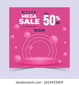 Mega Sale Web Promotions Banner Template 3D Podium and Gradient Background for Flash Sales, Retail Ads, Ecommerce Promo. Super Weekend Discount Modern Banners Design