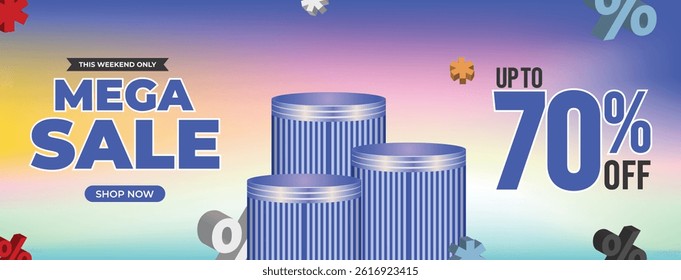 Mega Sale Web Promotions Banner Template 3D Podium and Gradient Background for Flash Sales, Retail Ads, Ecommerce Promo. Super Weekend Discount Modern Banners Design