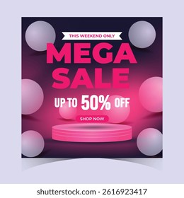 Mega Sale Web Promotions Banner Template 3D Podium and Gradient Background for Flash Sales, Retail Ads, Ecommerce Promo. Super Weekend Discount Modern Banners Design