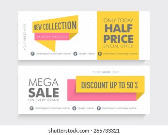 Mega Sale website header or banner set with 50% discount on new coolection.