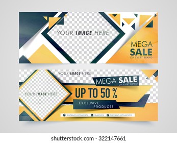 Mega Sale website header or banner set with 50% discount offer and space to add your images.