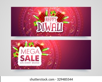 Encabezado o banner del sitio web Mega Sale con brillantes petardos para el Festival de Luces de la India, Feliz Diwali.