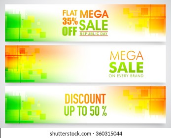 Mega Sale website header or banner set with discount offers for Happy Indian Republic Day celebration.