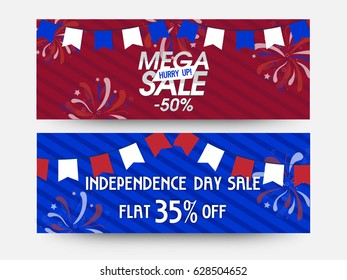 Mega Sale website headers or banners set with Flat Discount Offer for American Independence Day celebration.