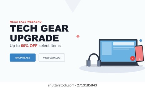 Mega Anuncio de fin de semana de venta para un Mejorar de equipo tecnológico, que ofrece hasta un 60% de descuento en artículos seleccionados. Promoción para electrónica y gadgets. Publicidad en tienda online de productos tecnológicos. Compre ofertas y vea opciones de catálogo.