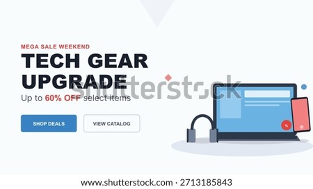 Mega sale weekend banner for a tech gear upgrade, offering up to 60% off select items. Promotion for electronics and gadgets. Online store advertisement for technology products. Shop deals and view catalog options.