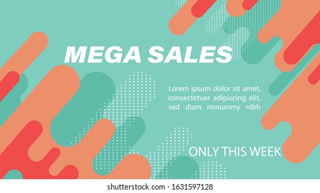 Mega sales banner with fluid dynamic bubble design, flat style waves and dots
