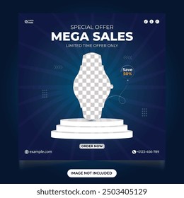 mega sales smart watch offer promotional web banner design with dark blue color. smart watch sales social media post design template. Gadget sale discount template for online marketing.