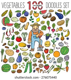 Mega set of 100 fruit and vegetables hand-drawn. vector. illustration. cartoon style. color illustration.