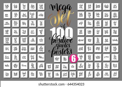 mega set of 100 hand lettering quotes about fitness and healthy life, inspirational and motivational square banners with text, calligraphy vector illustration big collection