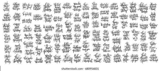 mega set of 100 hand lettering inscription, motivation and inspirational quotes phrases to poster, greeting card, printable wall art, calligraphy vector illustration big collection