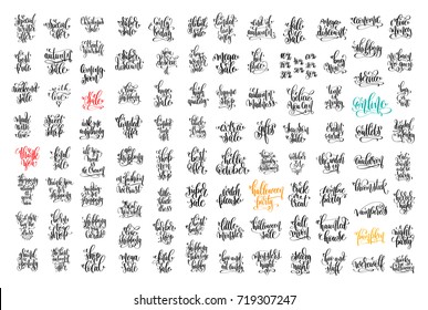 mega set of 100 hand lettering inscription about happy shopping, autumn sale and halloween party seasonal quotes, calligraphy vector illustration big collection