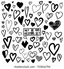 Mega Set of 100+ Handdrawn Hearts with Brush Marker Crayon Doodle Style