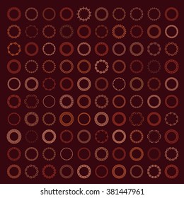 Mega set of 100 the most popular round frames. Multicolored ethnic borders in huge collection. Isolated on dark brown background. Vector illustration