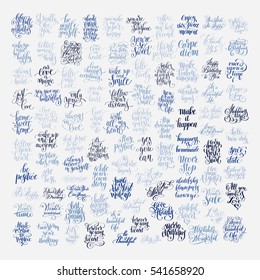 mega serie de 100 citas inspiradoras positivas sobre la vida, el amor y las vacaciones, colección de inscripciones manuscritas de pincel, moderna caligrafía ilustración vectorial