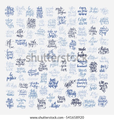 mega set of 100 positive inspirational quotes about life, love and holidays, handwritten brush lettering inscriptions collection, modern calligraphy vector illustration