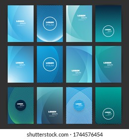 Mega juego de 12 diseños de volante, tarjeta o pancarta con fondo abstracto de patrón geométrico minimalista de color azul y verde, plantillas multipropósito