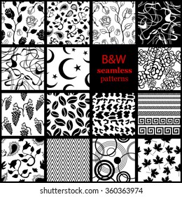 Mega set of 15 black and white seamless patterns. Roses, paisleys, tulips, grape, ribbons, spots, crescents, stars, coffee beans, zig zag, maple leaves, rings, meanders. Backgrounds & textures shop.