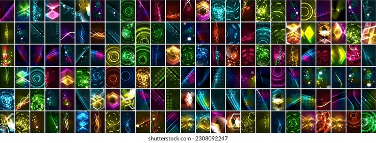 Mega set of 150 vibrant and dynamic abstract backgrounds with glowing neon light effects. Designs for wallpaper, banner, background, landing page, wall art, invitation, prints, posters