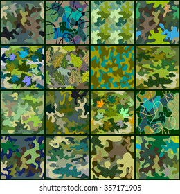 Mega set of 16 seamless camouflage patterns. Man fashion. Military textile collection. Backgrounds & textures shop.
