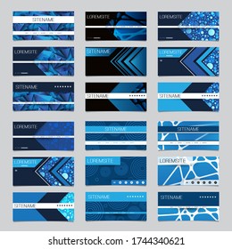 Mega Set of 18 Header, Card or Banner Designs with Abstract Blue Minimalist Geometric Pattern Backgrounds, Multi Purpose Templates