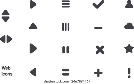 Mega set of 19 icons. GUI basic UI UX SEO universal icon for Interface  web and mobile. Corporate Various Editorial star arrow direction, cloud, maths, tick design elements eps editable on white BG