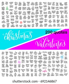 mega set of 200 hand lettering calligraphy quotes about christmas, new year, wedding invitation and valentines day inscriptions, vector illustration collection