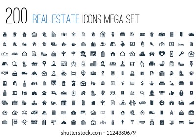 Mega set of 200 Real Estate Related Icons. Contains such Icons as real estate, home, property, realtor, property search and more. concept symbol creative design. Can be used for web UI/UX