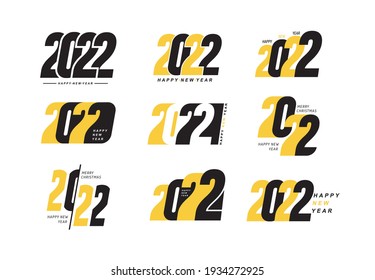Mega juego de diseño de texto del logo de Año Nuevo Feliz 2022. Plantilla de diseño de número de vector. Plantilla de tarjeta de felicitación. Colección de símbolos navideños 2022 para tu diseño. Ilustración con etiquetas de color negro y amarillo