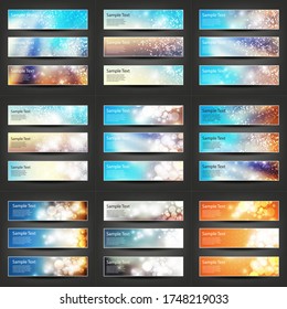 Mega Set of 27 Abstract Header, Card, Cover or Banner Designs with Sparkling Colorful Patterns, Party, Christmas, New Year or Other Holiday Ad Banner Templates,  Colors: Blue, Orange, White