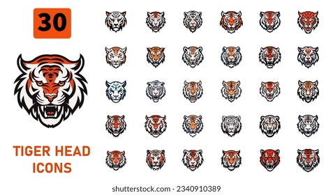 Mega set of 30 tiger head vector set for logo or icon design isolated on white background