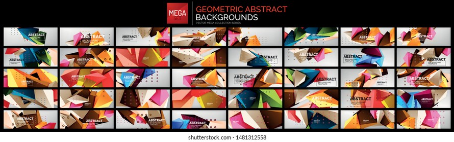 Mega set of 3d triangle low poly design abstract backgrounds. Colorful polygonal concepts, bright color geometric shapes on light grey wallpapers. Business, technology presentation or print design