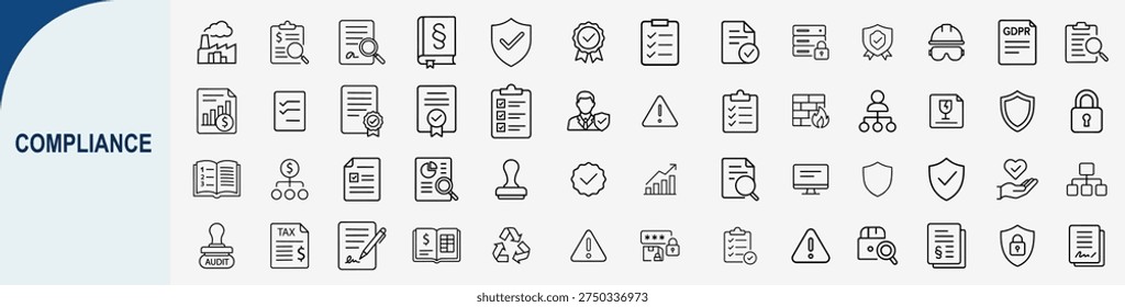 Mega set of 50 minimalist compliance line icons featuring legal audit seal, GDPR data protection, tax document reports and corporate policy standards symbols in black outline style for business UI design