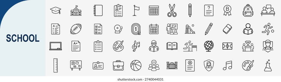 Mega set of 50 minimalist school and education line icons featuring graduation cap, notebook, pencil, school bus, chalkboard, science lab and sports equipment symbols in black outline style for academic learning and campus UI design