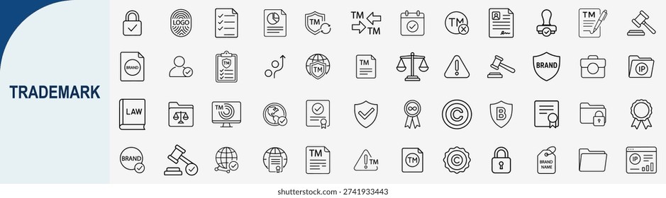 Mega set of 50 minimalist trademark and intellectual property line icons featuring brand protection, copyright, registered legal symbols, law gavel and license verification in black outline style for corporate legal UI design