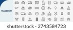 Mega set of 50 minimalist transport line icons featuring public transit, logistics freight truck, cargo shipping, aviation, railway and electric vehicle charging station symbols in black outline style for mobility UI design