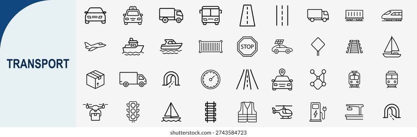 Mega set of 50 minimalist transport line icons featuring public transit, logistics freight truck, cargo shipping, aviation, railway and electric vehicle charging station symbols in black outline style for mobility UI design