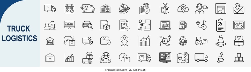 Mega set of 50 minimalist truck logistics line icons featuring cargo delivery tracking, smart AI fleet management, warehouse storage, global shipping and GPS navigation symbols in black outline style for transport business UI design
