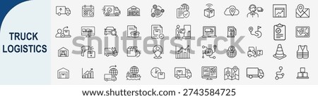 Mega set of 50 minimalist truck logistics line icons featuring cargo delivery tracking, smart AI fleet management, warehouse storage, global shipping and GPS navigation symbols in black outline style for transport business UI design