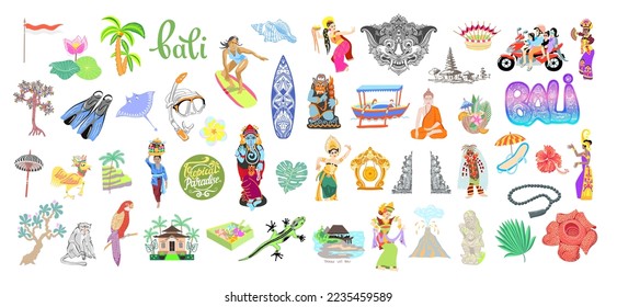 Mega set of 50 traditional symbols bali island Indonesia, balinese flat design vector illustration collection