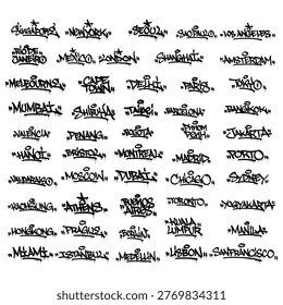 Mega Set of 50 World City Graffiti Tags with Creative Handstyle Script and Artistic Drips Effect on Transparent Background for Versatile Streetwear Branding Design Vector