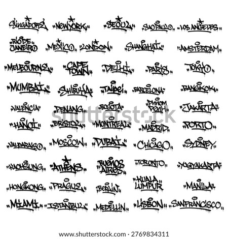 Mega Set of 50 World City Graffiti Tags with Creative Handstyle Script and Artistic Drips Effect on Transparent Background for Versatile Streetwear Branding Design Vector