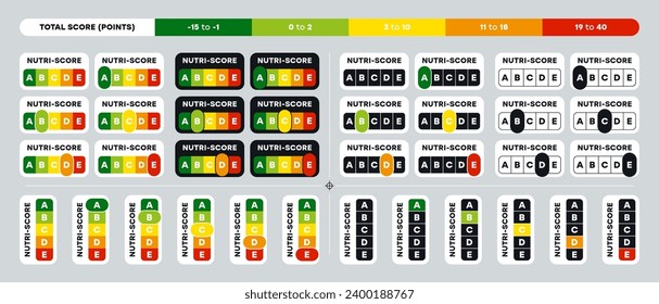 Mega set of 5-Colour Nutrition Label indicator from green (grade A) to red (grade E) on white background. Nutri-Score system sign for packaging design. Vector illustration 