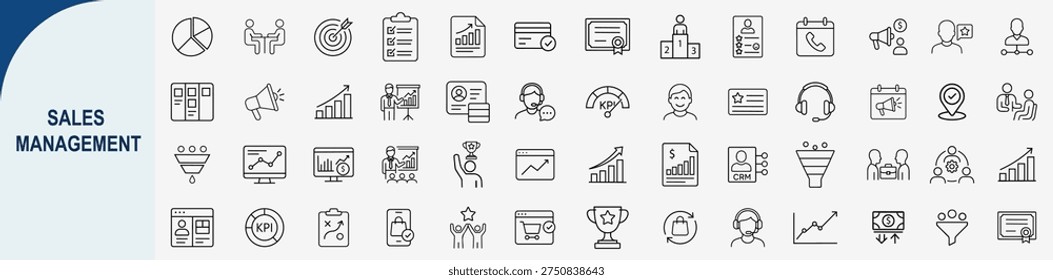 Mega set of 60 minimalist sales management line icons featuring sales funnel, customer CRM profile, revenue growth charts, target achievement and financial payment symbols in black outline style for business UI design