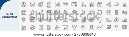 Mega set of 60 minimalist sales management line icons featuring sales funnel, customer CRM profile, revenue growth charts, target achievement and financial payment symbols in black outline style for business UI design