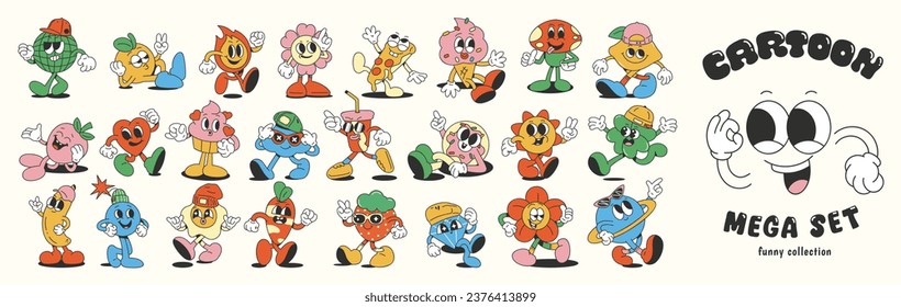 Mega conjunto de vectores de elementos de groovy de los años 70. Colección de personajes de caricatura, rostro de sonrisa garrapata, mundo, pizza, helado, fresa, corazón, donut. Cute retro groovy diseño hippie para decorativo, pegatina.