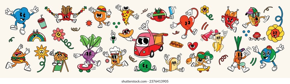 Mega conjunto de vectores de elementos de groovy de los años 70. Colección de personajes de caricatura, cara de sonrisa de garabato, camión de comida, hamburguesa, corazón, flor, pizza, mundo. Cute retro groovy diseño hippie para decorativo, pegatina.