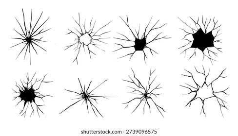Mega Set of 8 Crack and Hole Silhouettes. Versatile Collection of Damaged Wall and Broken Glass Texture Elements.