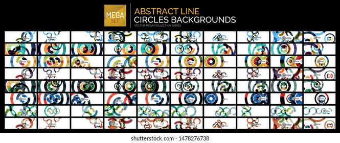 Mega set of abstract backgrounds. Multicolored linear circle shapes on light wallpaper. Abstract line design, stroke effect