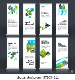 Mega set. Abstract business vector set of modern roll Up Banner stand design template with green rectangles, triangles for exhibition, fair, show, exposition, expo, presentation, events.